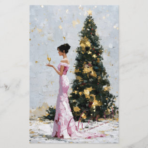 Elegant Impasto Woman & Christmas Tree New Year Stationery