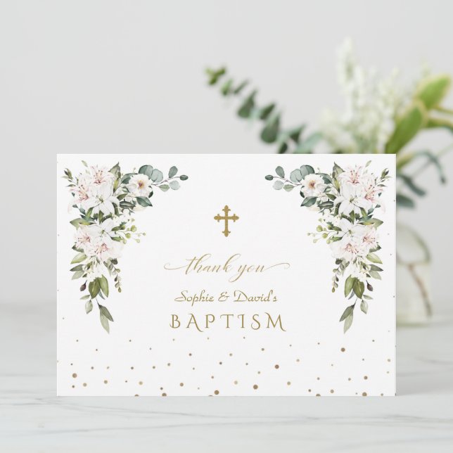 Elegant Imperial Lilies Roses Gold Twins Baptism  Thank You Card (Standing Front)