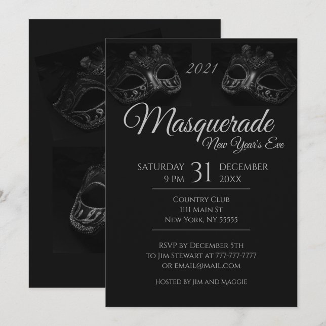 Elegant In Black Masquerade Party Invitation (Front/Back)