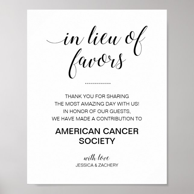 Elegant In Lieu Of Favors Donation Wedding Sign (Front)