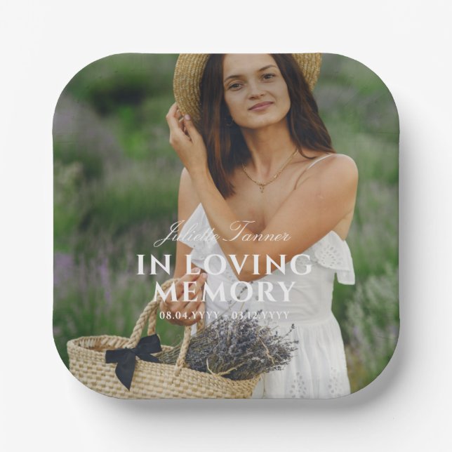 Elegant In Loving Memory Photo Memorial Funeral Paper Plate (Front)