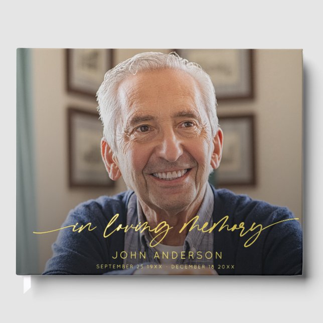 Elegant In Loving Memory Script Photo Funeral  Guest Book (Front)