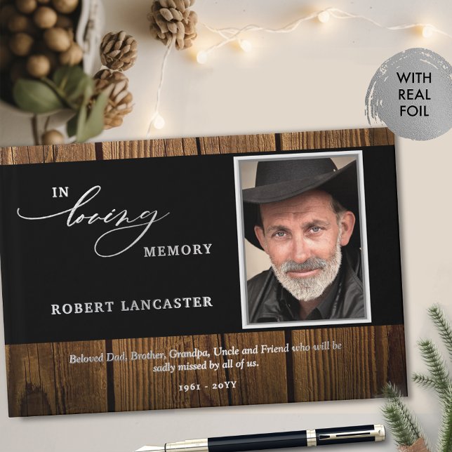 Elegant In Loving Memory Wood Rustic Photo Funeral Guest Book (Creator Uploaded)