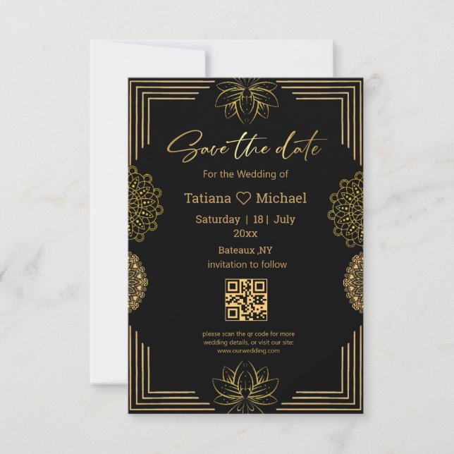 elegant  indian black gold geometric qr code  save the date (Front)