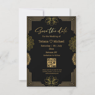 elegant  indian black gold geometric qr code  save the date