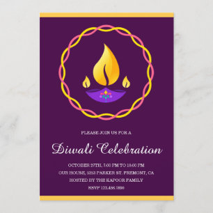 Elegant Indian Diya Lamp Purple Diwali Party Invitation