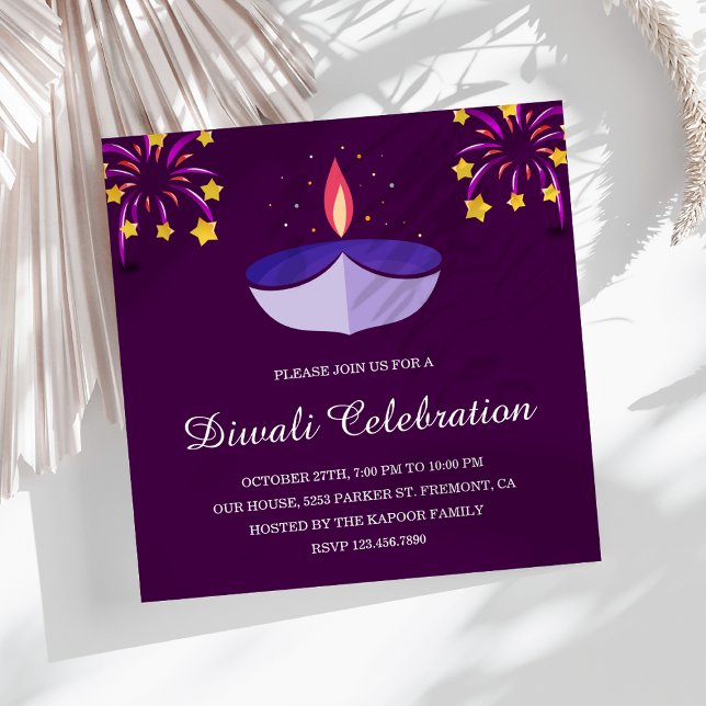 Elegant Indian Diya Lamp Purple Diwali Party Invitation (Creator Uploaded)