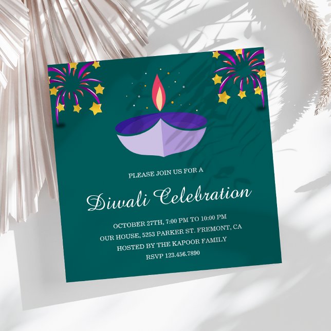 Elegant Indian Diya Lamp Teal Diwali Party Invitation (Creator Uploaded)