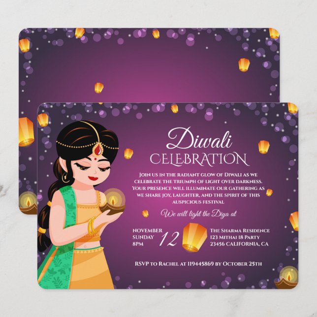 Elegant Indian Girl Floating Lantern Purple Diwali Invitation (Front/Back)