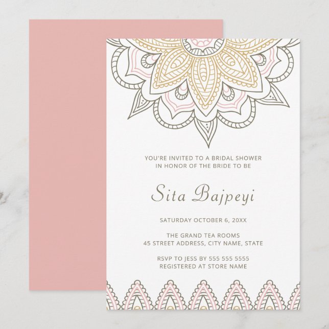 Elegant Indian Pink Mehndi Hindu Bridal Shower Invitation (Front/Back)