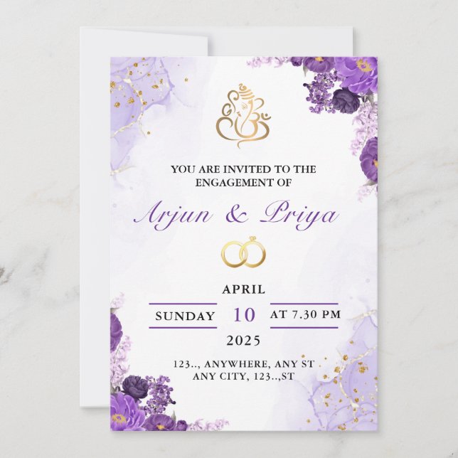 Elegant Indian Purple Floral Engagement Invitation (Front)