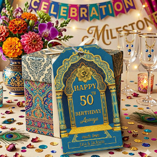 Elegant Indian Teal and Gold Arch Birthday Gift Tags