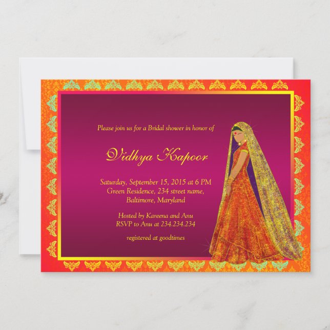 Elegant Indian Wedding Damask Bridal Shower Invite (Front)
