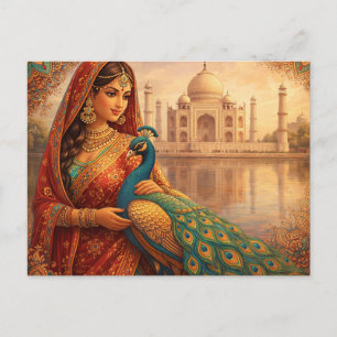 Elegant Indian woman with magnificent peacock Postcard