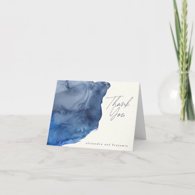 Elegant Indigo Abstract Watercolor Wedding Thank You Card (Front)