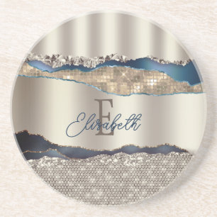 Elegant Indigo Blue Agate Sequins Coaster