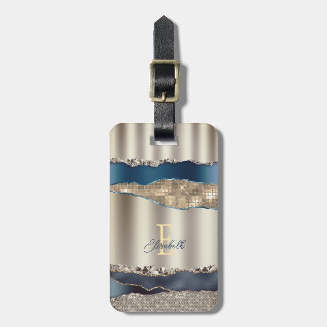 Elegant Indigo Blue Agate Sequins  Luggage Tag (Front Vertical)