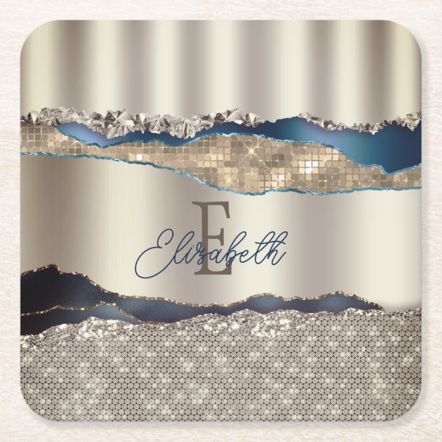 Elegant Indigo Blue Agate Sequins  Square Paper Coaster (Front)