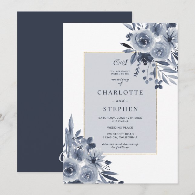 Elegant indigo blue floral watercolor gold wedding invitation (Front/Back)