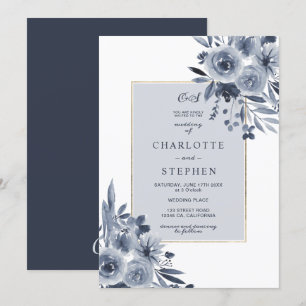 Elegant indigo blue floral watercolor gold wedding invitation