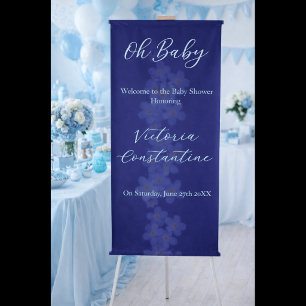 Elegant Indigo Blue Oh Baby Script Floral Photo Retractable Banner