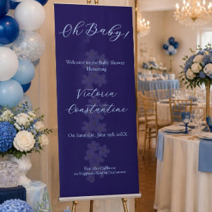 Elegant Indigo Blue Oh Baby Script Floral Photo Retractable Banner