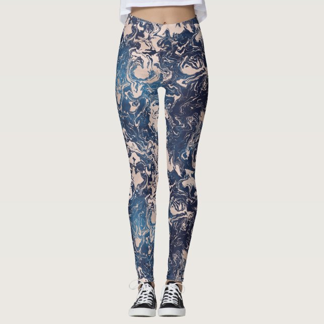 Elegant Indigo Blue Pink Cream Marble Pattern Yoga Leggings (Front)