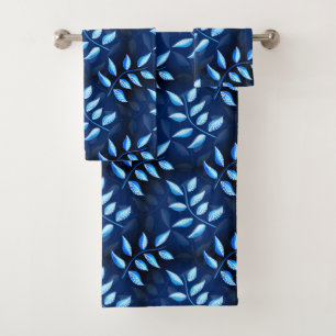 Elegant Indigo Blue Plant Pattern Bath Towel Set