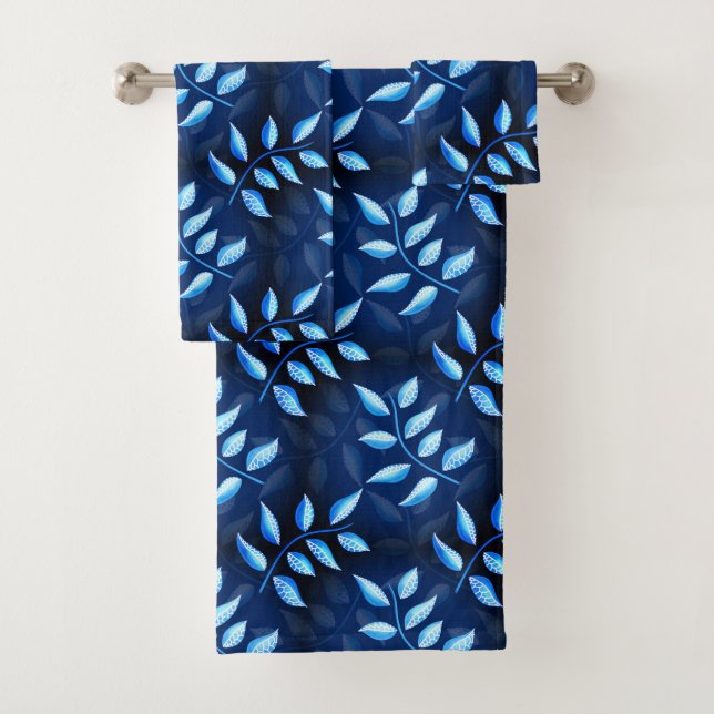 Elegant Indigo Blue Plant Pattern Bath Towel Set (Insitu)