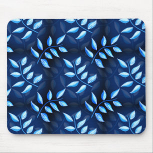 Elegant Indigo Blue Plant Pattern Mouse Mat