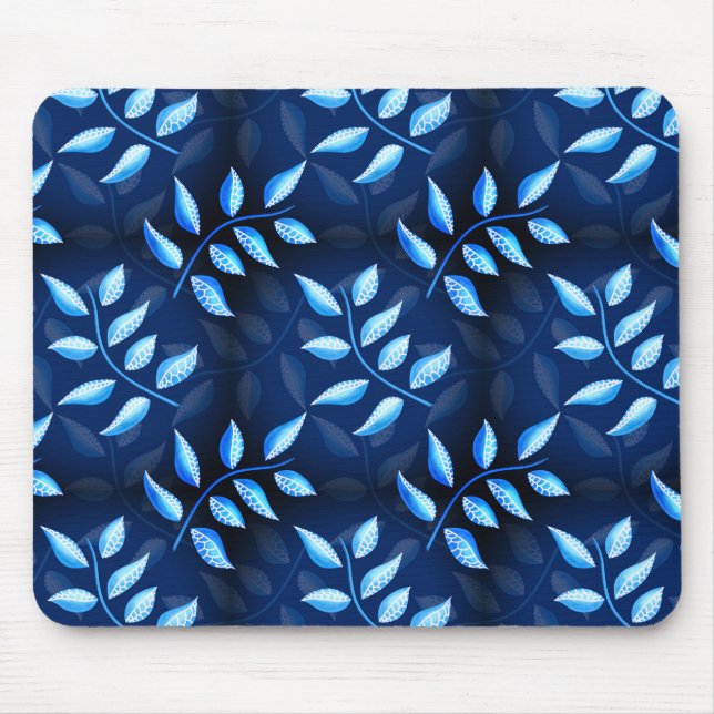 Elegant Indigo Blue Plant Pattern Mouse Mat (Front)