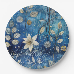 Elegant Indigo Blue Winter Botanical Paper Plate