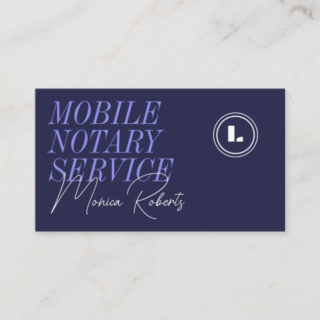 Elegant indigo dark ink blue mobile notary business card (Front)