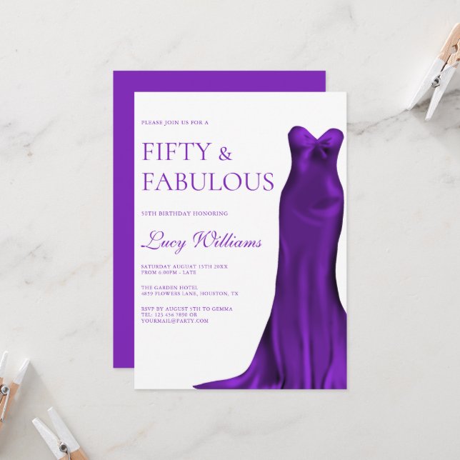 Elegant Indigo Gown, 50th & Fabulous Birthday Invitation (Front/Back In Situ)