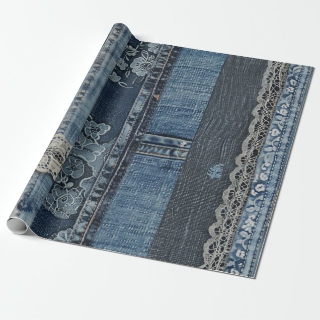 Elegant Indigo Lace Stripe Denim Pattern (2) Wrapping Paper (Unrolled)
