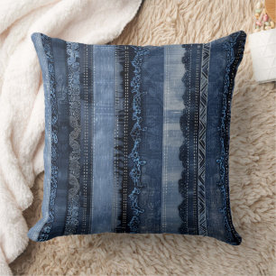 Elegant Indigo Lace Stripe Denim Pattern Cushion