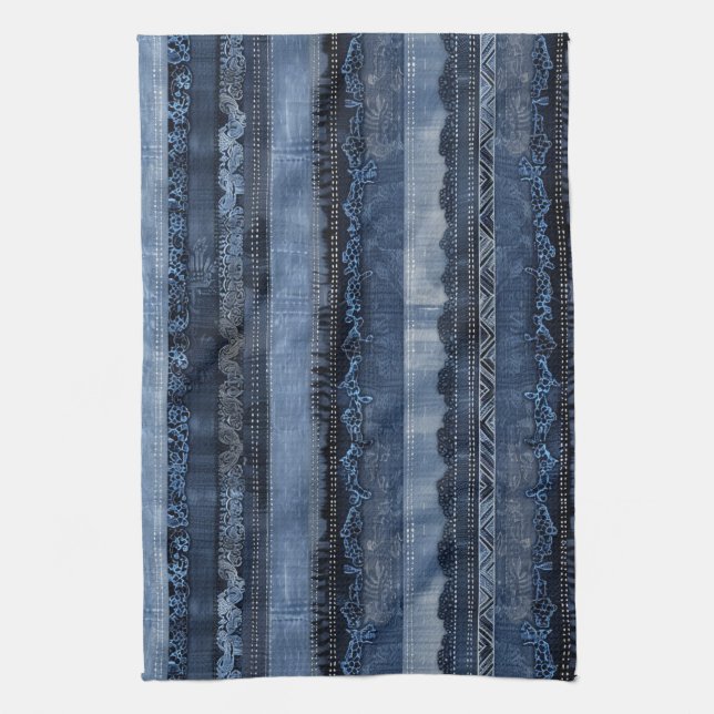 Elegant Indigo Lace Stripe Denim Pattern Tea Towel (Vertical)