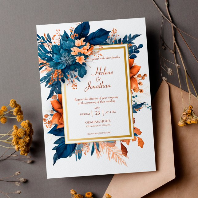 Elegant Indigo Rust Watercolor Boho Wedding Invitation (Elegant Indigo Rust Watercolor Boho Wedding Invitation)