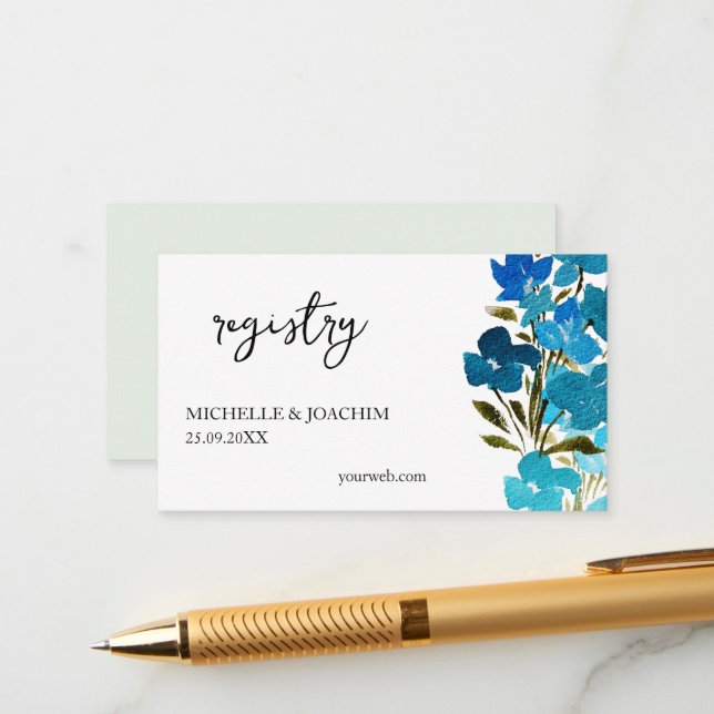 Elegant Indigo Turquoise Blue Watercolor Floral Enclosure Card (Front/Back In Situ)