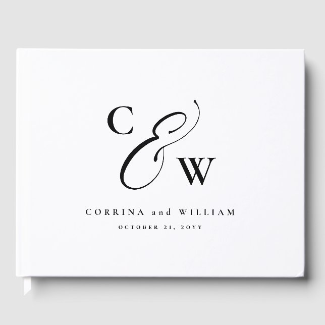 Elegant initals photo collage black white wedding guest book (Front)