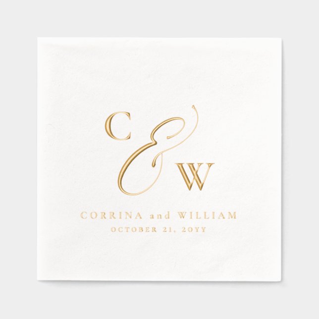 Elegant initals simple names date wedding foil napkins (Front)