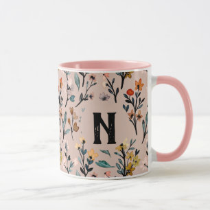 Elegant initial Feminine Floral pattern Pink girly Mug
