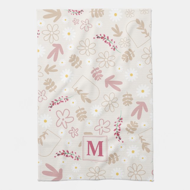 Elegant initial floral pastel monogram pink modern tea towel (Vertical)