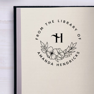 Elegant Initial Flowery Custom Library Book Rubber Stamp