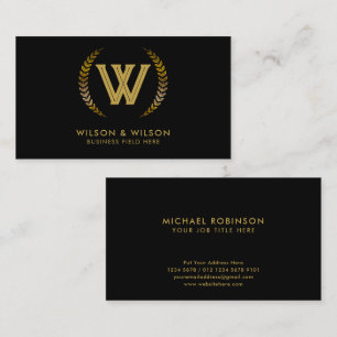 Elegant Initial   Golden Laurel Leaves on Black Business Card