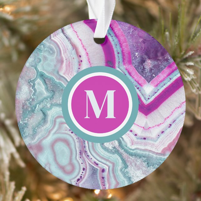 Elegant Initial Monogram Christmas Ornament (Modern Teal Magenta Pink Agate Initial Monogram Ornament)