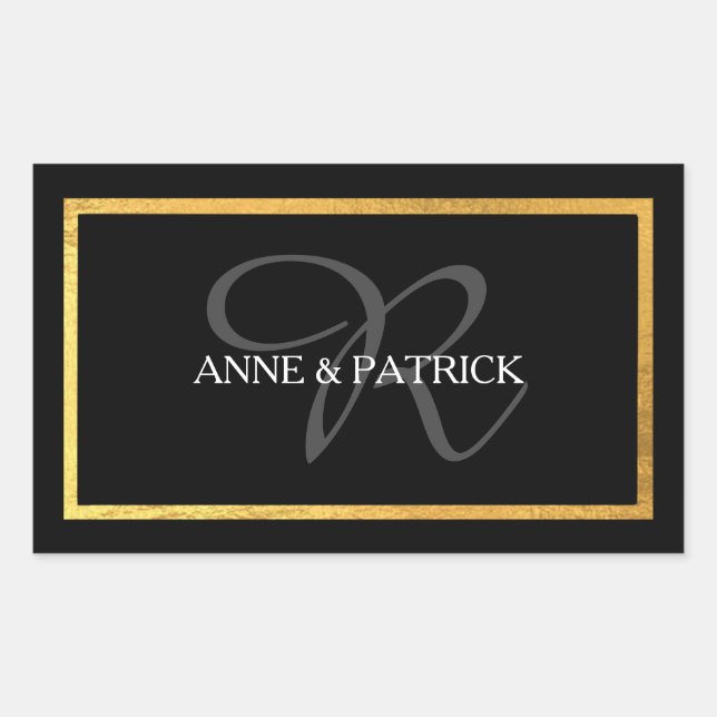 elegant initial monogram + names, wedding black  rectangular sticker (Front)
