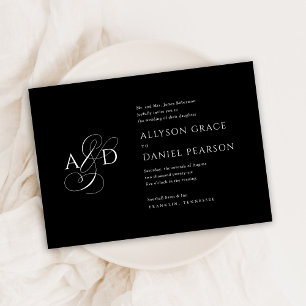 Elegant Initial Script Monogram Black Wedding Invitation