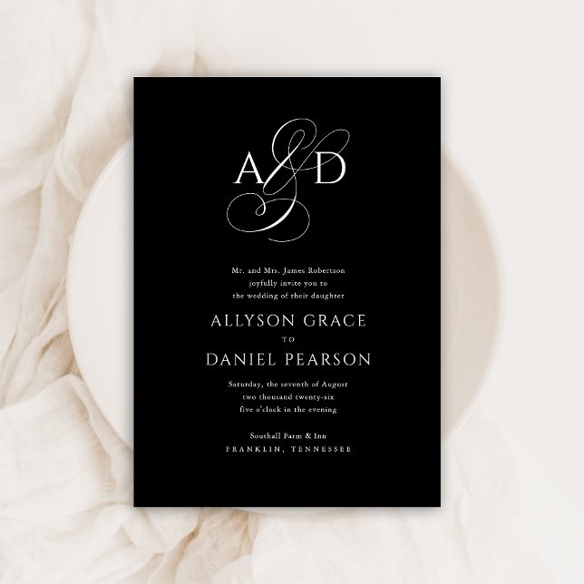Elegant Initial Script Monogram Black Wedding Invitation (Creator Uploaded)