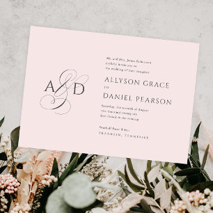 Elegant Initial Script Monogram Blush Pink Wedding Invitation